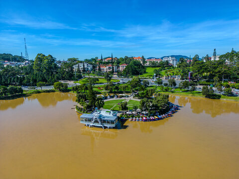 Xuan Huong Lake with a peninsula and white pavilion in Da Lat