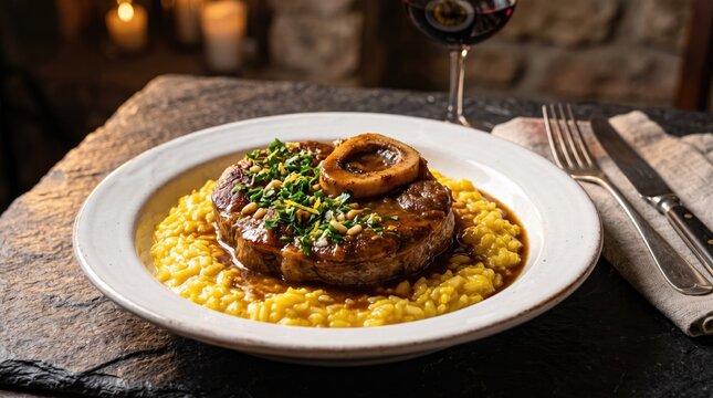 Traditional Osso Buco with saffron risotto, braised veal shank on yellow rice, rustic Italian dinner with red wine