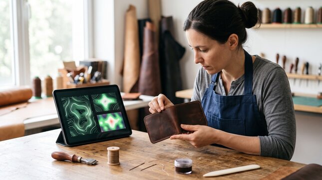 Leather artisan inspects a handmade brown wallet at her wooden workbench.