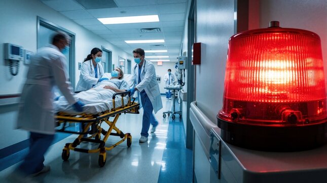 Medical team rushes patient on stretcher down hospital corridor. Red alert light flashes signaling urgent situation. Staff in masks provide critical care.