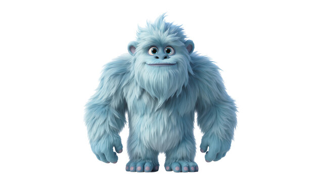 Isolated friendly, cute, and smiling light blue furry cartoon monster character looking at camera