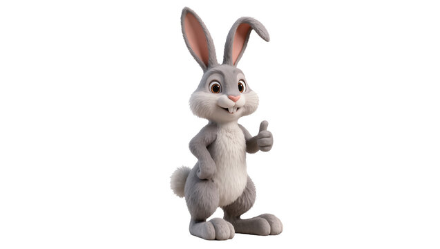 Isolated charming grey cartoon rabbit character giving thumbs up gesture and smiling