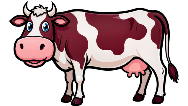 Isolated friendly cartoon dairy cow with red and white spots standing and looking forward