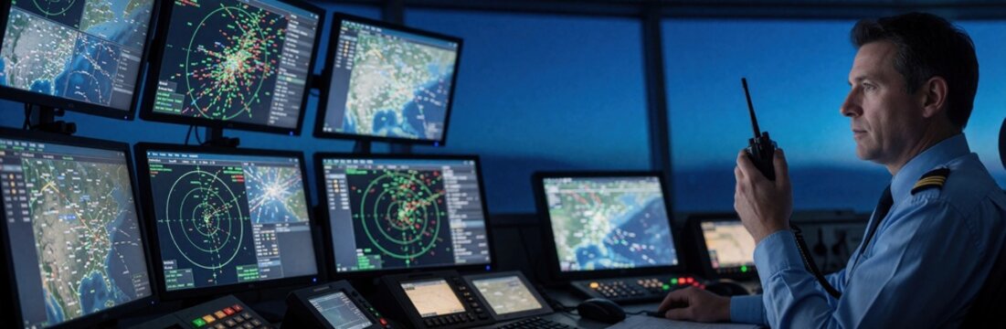Man in control room uses radio while monitoring planes on multiple radar screens. He directs air traffic with focus and precision, ensuring flight safety and order in the operations center.