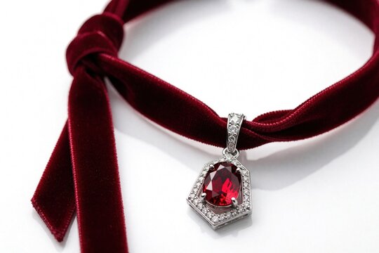Elegant ruby red velvet choker necklace with diamond accented pendant. Fine jewelry with gemstone detail. Luxurious accessory for formal wear or special occasions.