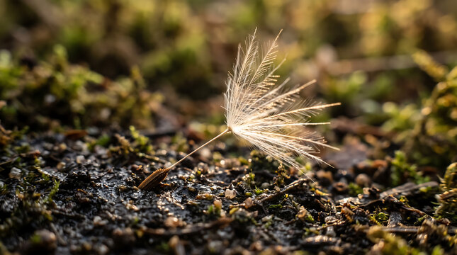 Macro photography of single dandelion seed on wet mossy earth with golden hour bokeh light