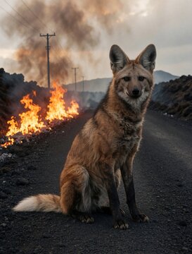 Maned wolf sits on asphalt road by wildfire and smoke. Utility poles stand near burning vegetation on volcanic terrain. Dramatic scene with wild animal and disaster. Cautionary tale.