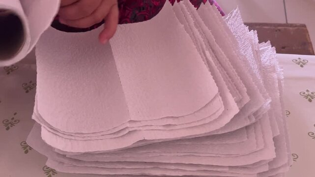 Hands smoothing a stack of soft pink fabric sheets. Textile material, sewing and fabric production.