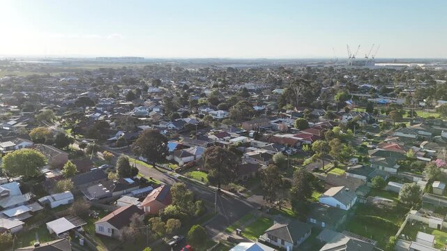 Aerial view of modest single-story suburban housing and residential streets in Laverton, Melbourne, Australia. Typical of&nbsp;working-class suburbs with mid-century&nbsp;homes.