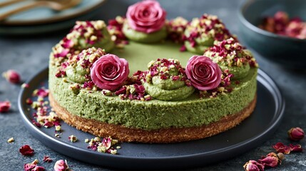 Naklejka premium A round, layered dessert with green frosting and pink floral decorations.