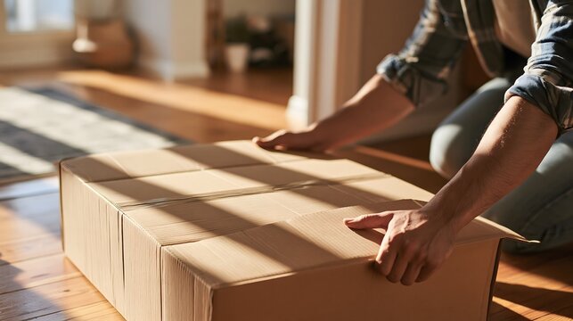 Mann bereitet einen gro&szlig;en Karton zum Verpacken zu Hause vor