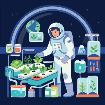 Flat vector illustration of an astronaut cultivating fresh plants inside a futuristic space greenhouse or space station laboratory. An astronaut wearing a white space suit inspecting hydroponic crops