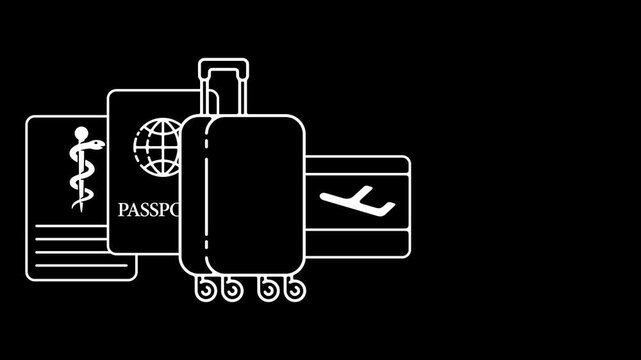A clean, stylized animated vector icon set of travel equipment. Features a rolling suitcase revealing an international passport, airline ticket, and medical insurance form in the background. Transpare