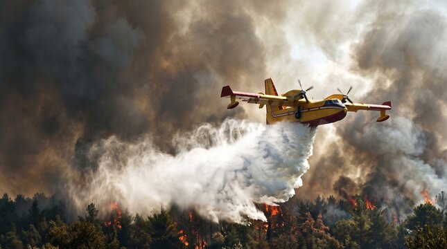 Yellow twin-engine firefighting aircraft dropping water on a severe forest fire amidst thick smoke