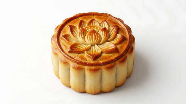 Golden brown mooncake with lotus flower pattern on white