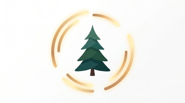 Minimalist Green Pine Tree Logo with Decorative Golden Circular Frame on White Background for Environmental Nature Design