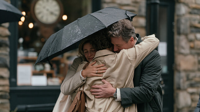 Parents hugging a college-age child outside a pharmacy compounding lab in rain-soaked streets, an old clock visible through the window behind them, emotional send-off moment,