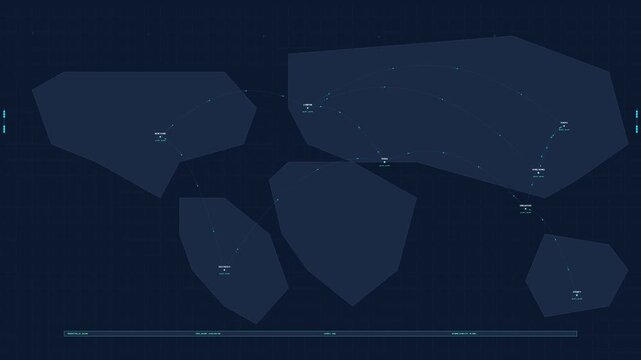 Futuristic digital world map interface with geometric global data tracking and abstract technology UI elements on blue background