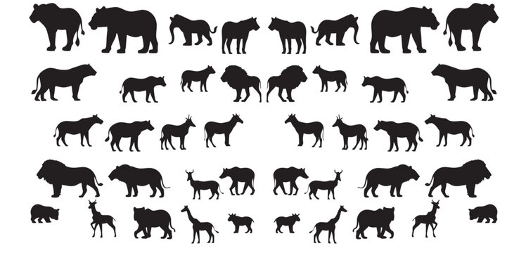 Wildlife silhouette collection presenting diverse safari animals including lions, elephants, and giraffes in flat design.