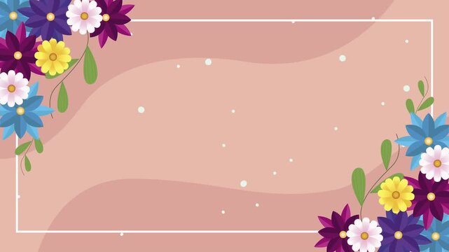 Animated floral frame motion background with colorful spring flowers and white border on wavy pink texture.