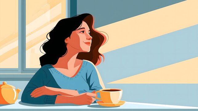 Fr&ouml;hliche junge Frau genie&szlig;t morgens eine Tasse Kaffee in der K&uuml;che