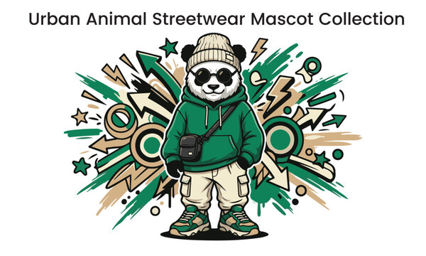 Cool Panda Mascot Character in Green Hoodie and Beanie Streetwear Graffiti Vector