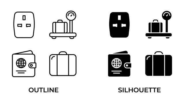 Travel Icons: A set of four graphic icons representing travel essentials, including a power socket, luggage scale, passport, and suitcase, presented in both outline and silhouette styles.