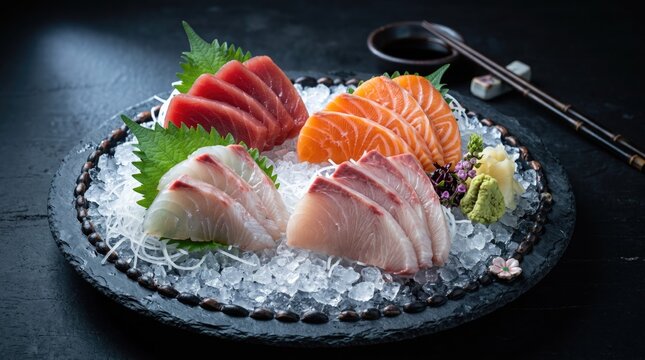 Fresh sashimi platter with tuna and salmon, premium raw fish assortment on ice, gourmet Japanese seafood dish for restaurant menu