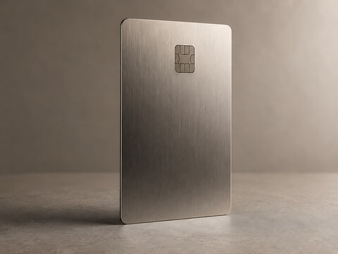 Blank brushed metal credit card standing upright on a textured surface transparent background