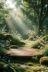 Naklejka premium Sunlight streams through green forest, illuminating a wooden path lined with moss and white flowers. A serene nature scene, perfect for tranquility and natural beauty themes. Peaceful atmosphere.