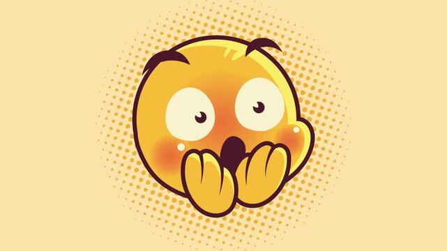 Shocked yellow emoji character animation with surprised face expression and hands over mouth on pop art background.
