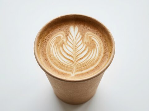 Paper cup of latte coffee with rosetta latte art isolated on white background