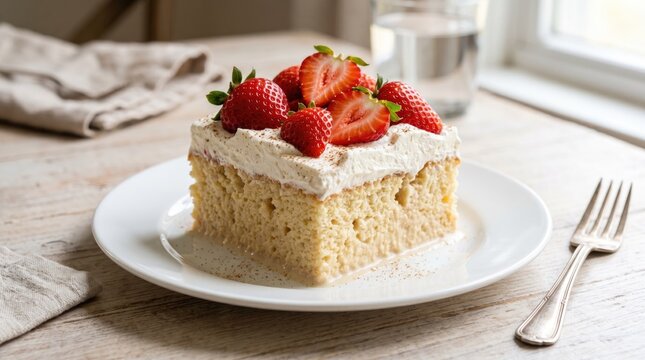 Tres leches cake with fresh strawberries, homemade milk-soaked sponge cake on white plate, rustic dessert for celebration