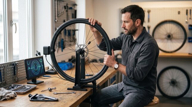 Bicycle mechanic inspecting a wheel alignment on a truing stand in workshop.