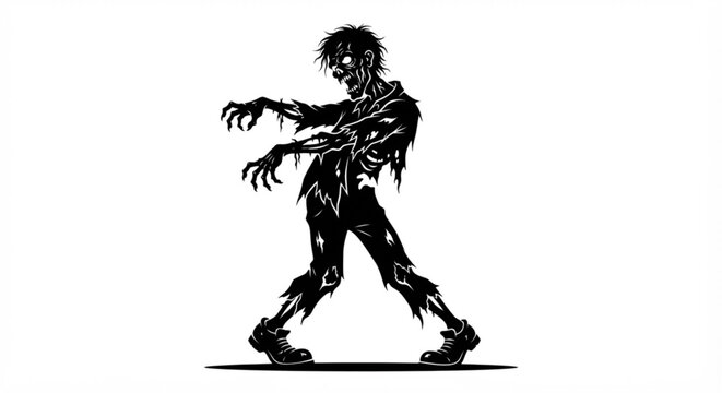 Scary undead zombie walking silhouette in black and white grunge style