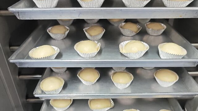 Raw round bread dough in foil cups on bakery trays.