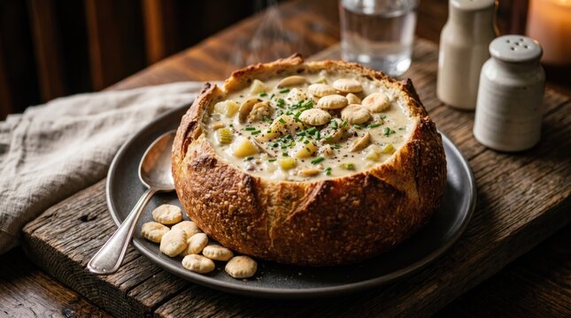 Rustic clam chowder in sourdough bread bowl, creamy seafood soup with oyster crackers, hearty winter comfort food on wooden table