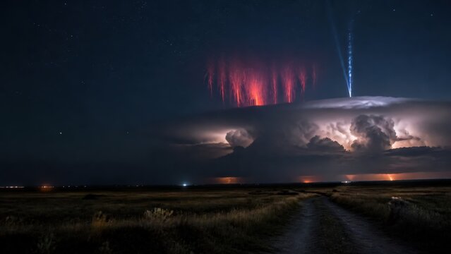 Low angle Red sprites above thunderstorm over distant plains storm