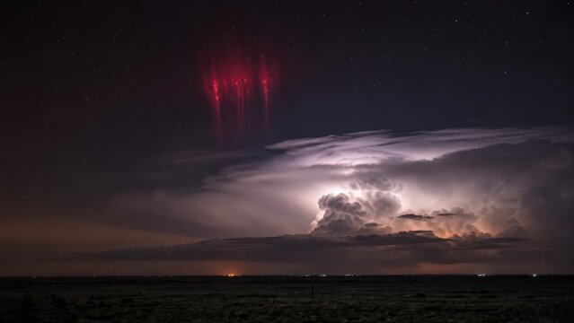 Telephoto Red sprites above thunderstorm over distant plains storm