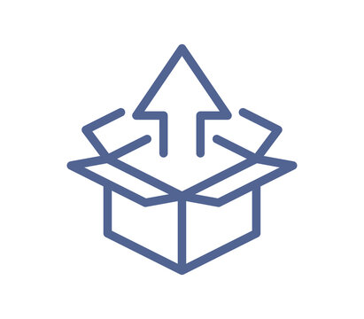 Simple line art icon of open box with upward arrows, package upload and digital export symbol pictogram linear flat illustration isolated on white background.