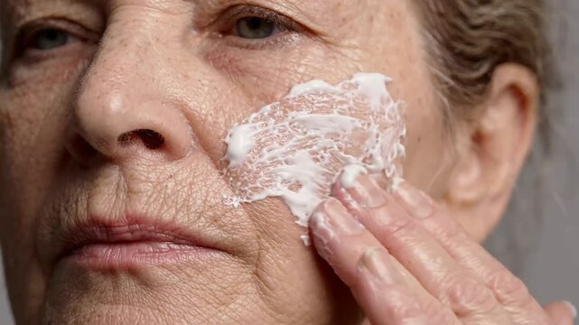 Senior woman applying white moisturizing face cream on wrinkled skin for anti aging skincare routine concept to maintain healthy glowing complexion in professional studio