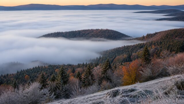 Telephoto view of Autumn fog inversion across forested valley