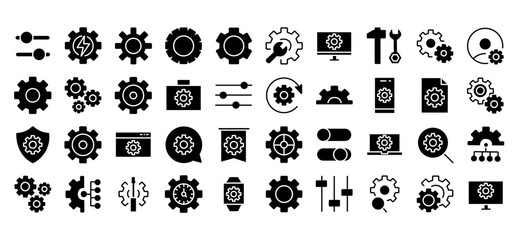 Obraz premium Minimalist settings icon set, 40 black gear and configuration glyphs, technical maintenance and system preferences vector symbols