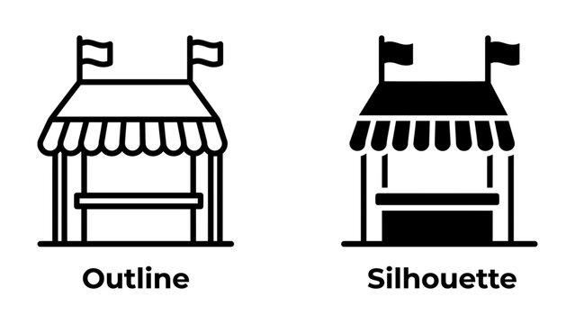 Market Stall Icon: A simple graphic representation of a market stall or kiosk, available in both outline and silhouette versions, ideal for use in web design or informational graphics.