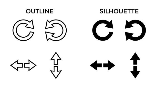 Refresh and Resize Icons: A clear visual comparison showcasing distinct outline and silhouette icons for refresh, rotate, and resize functions, highlighting their design differences.