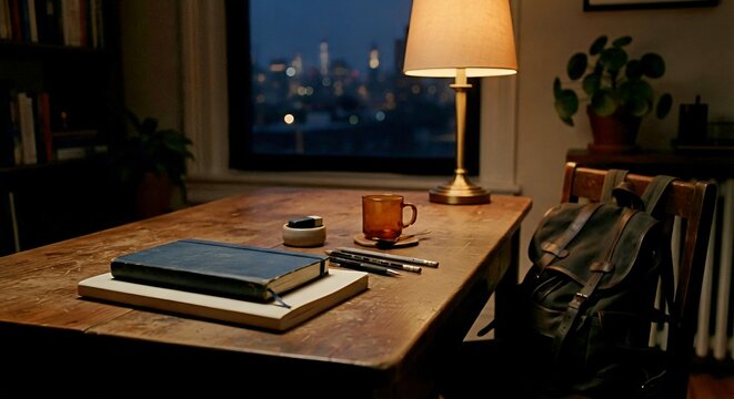 Cozy dark study room night city view wooden table lamp backpack books