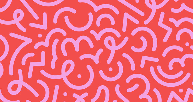 Abstract pattern with colorful doodle shapes, seamless repeating background texture and playful geometric curves for textile, fabric and wrapping flat illustration
