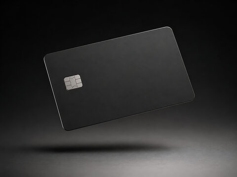 Blank matte black credit card with silver chip floating in air transparent background