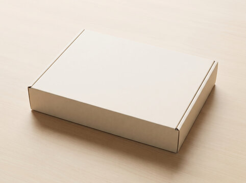 Blank cardboard shipping box mockup isolated on a light wooden background transparent background