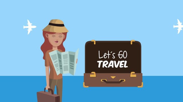 Woman traveler with map and luggage ready for adventure, dynamic travel animation with airplanes and lets go travel text.